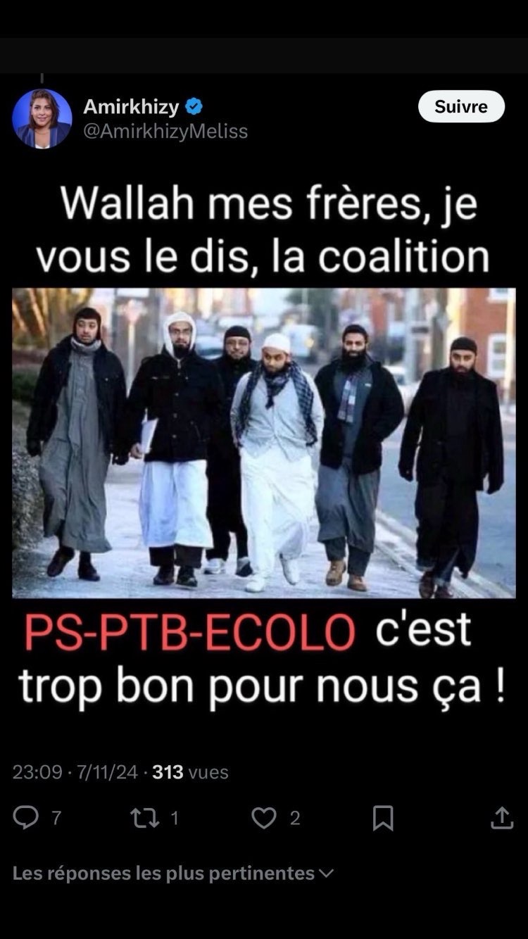 Melissa Chichebor Amirkhizy (MR) a tweeté une image avec des propos racistes et islamophobes "Wallah mes frères, je vous le dis, la coalition PS-PTB-Ecolo c’est trop bon pour nous ça !"