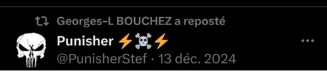 Repost sur X de « Punisher » qui annonce la couleur: tête de mort entre deux éclairs, rappelant le symbole nazi des SS et tête de mort devenue un symbole de ralliement d’extrême droite.