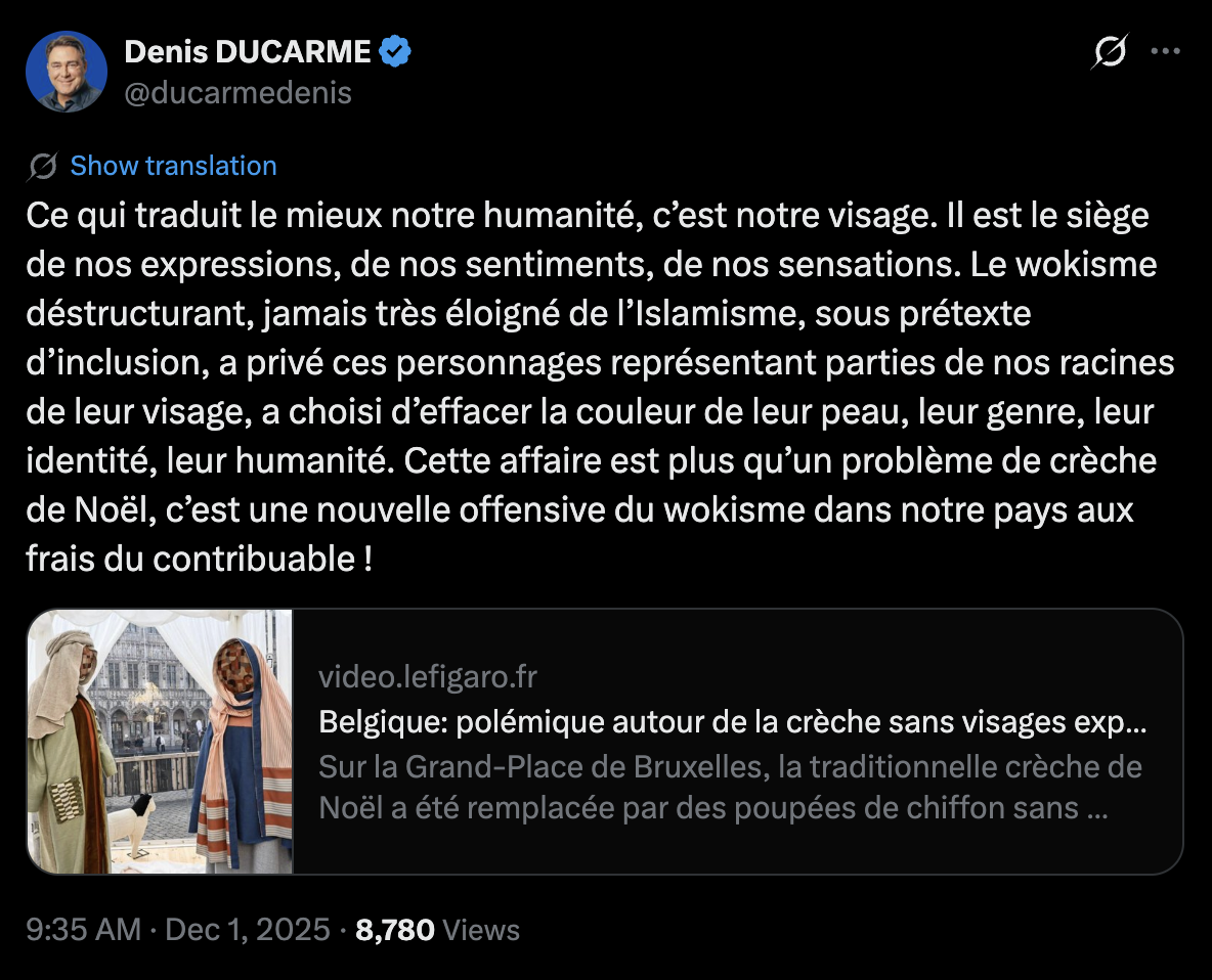"Le wokisme déstructurant, jamais très éloigné de l’Islamisme, sous prétexte d’inclusion, a privé ces personnages représentant parties de nos racines de leur visage..."